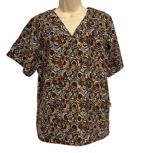 Tafford Brown Teal Circles‎ Print 100% Cotton Scrubs Top Pre-owned